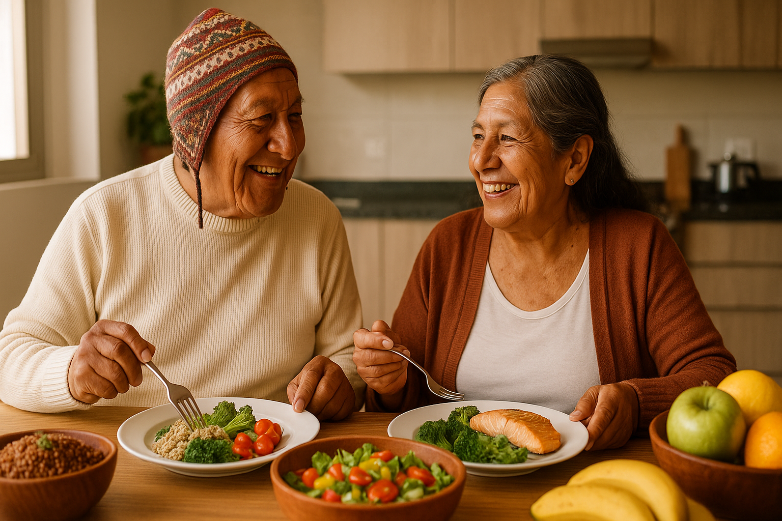 Adulto mayor peruano disfrutando de una alimentación saludable y balanceada