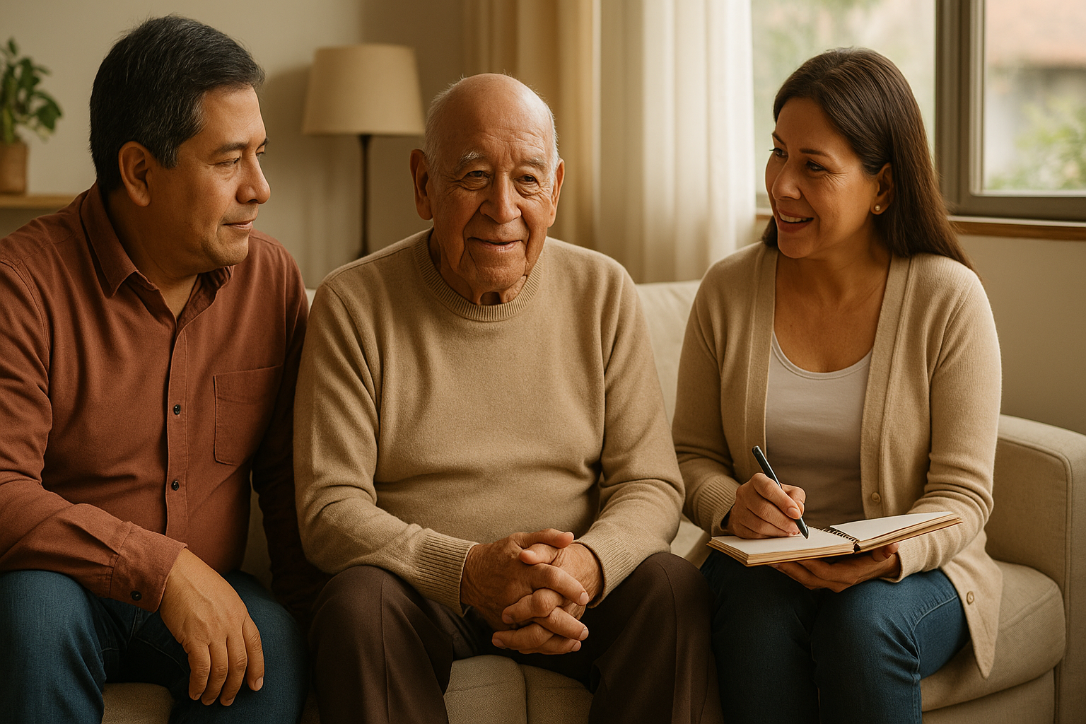 Familia peruana evaluando las necesidades de cuidado de su adulto mayor en casa