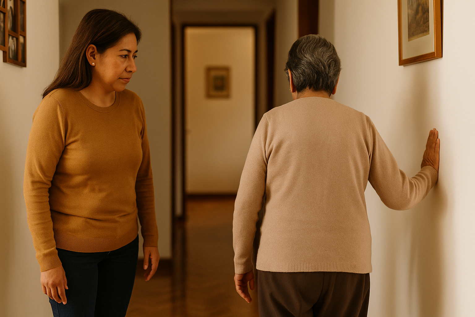 Familiar evaluando la movilidad de adulto mayor en casa