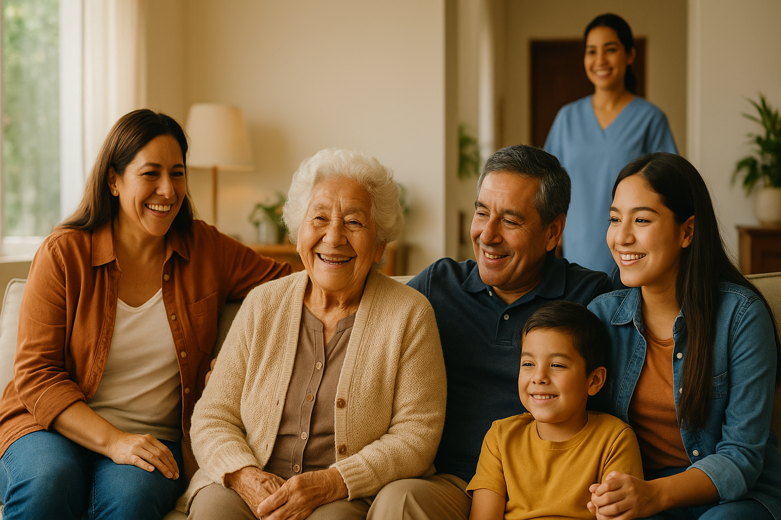 Familia peruana con adulto mayor recibiendo cuidado adecuado