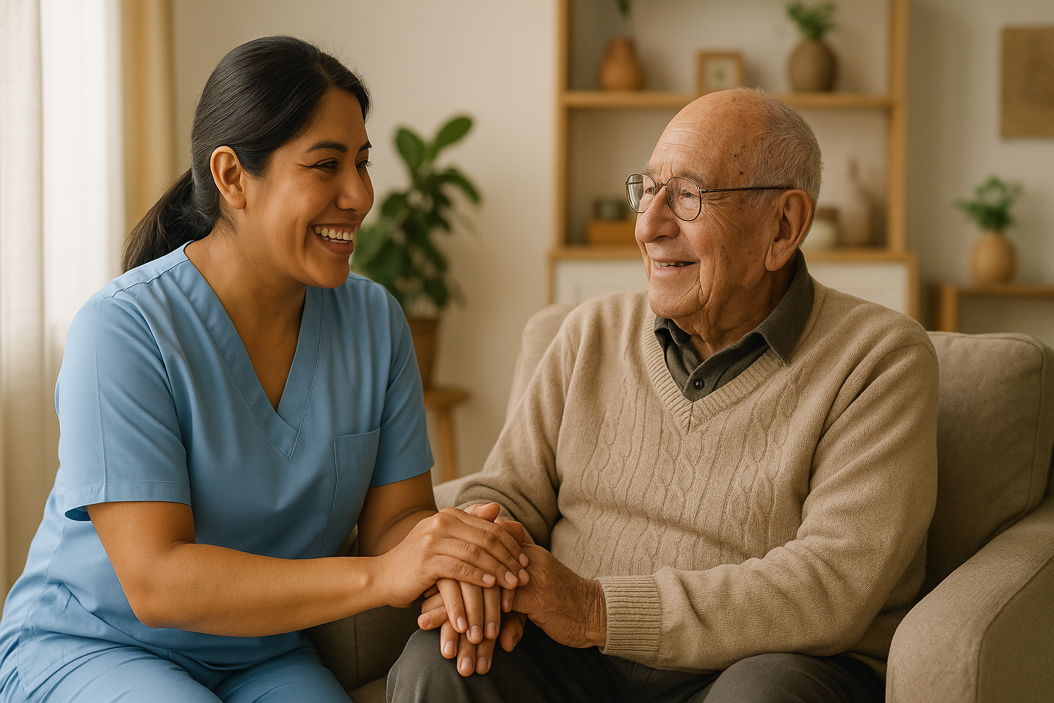 Cuidadora profesional brindando atención a adulto mayor en su hogar en Perú según recomendaciones OPS