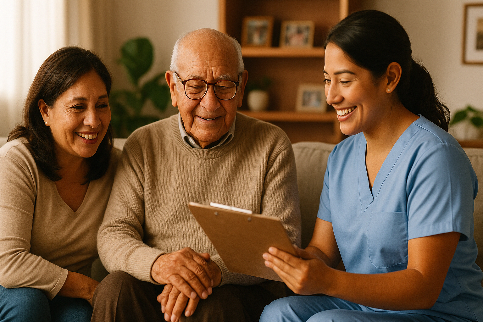 Familia peruana acompañando a adulto mayor en cuidado a largo plazo