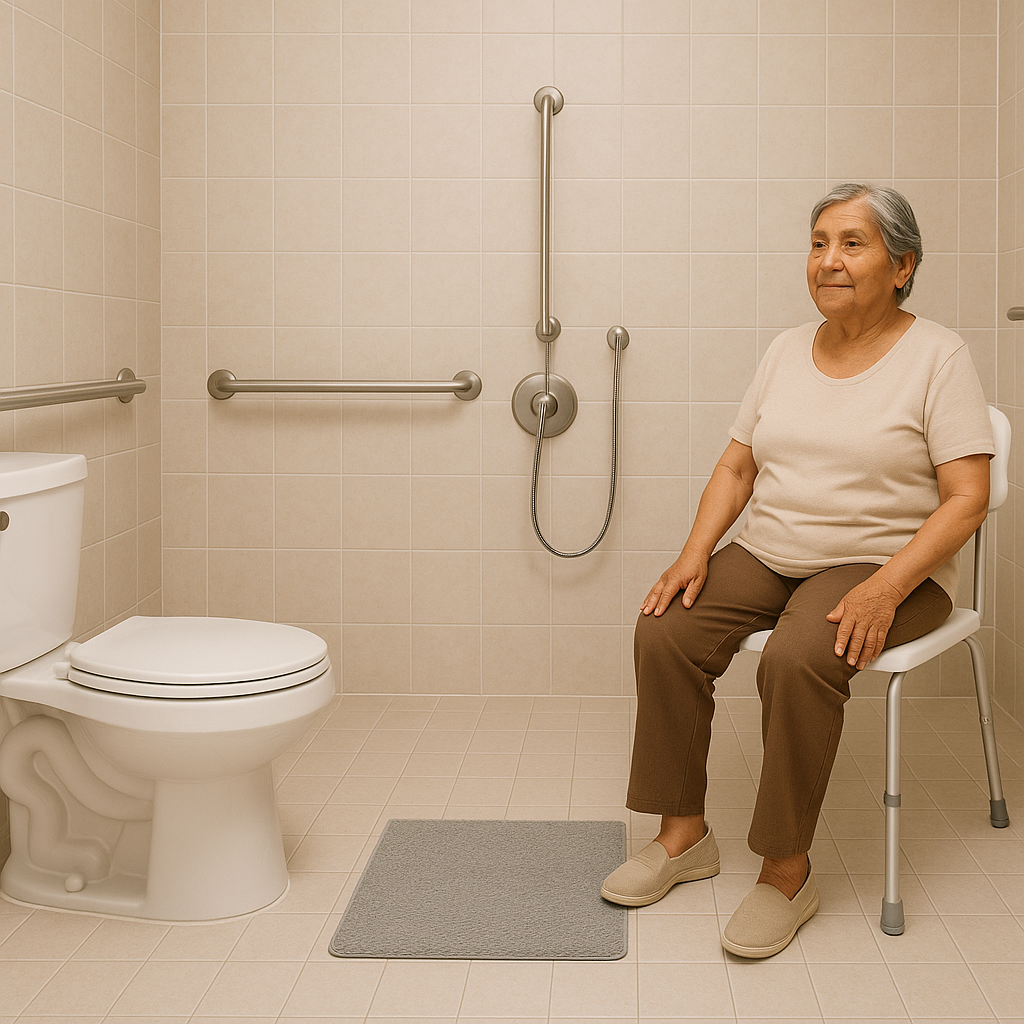 Baño adaptado con barras de apoyo para adulto mayor