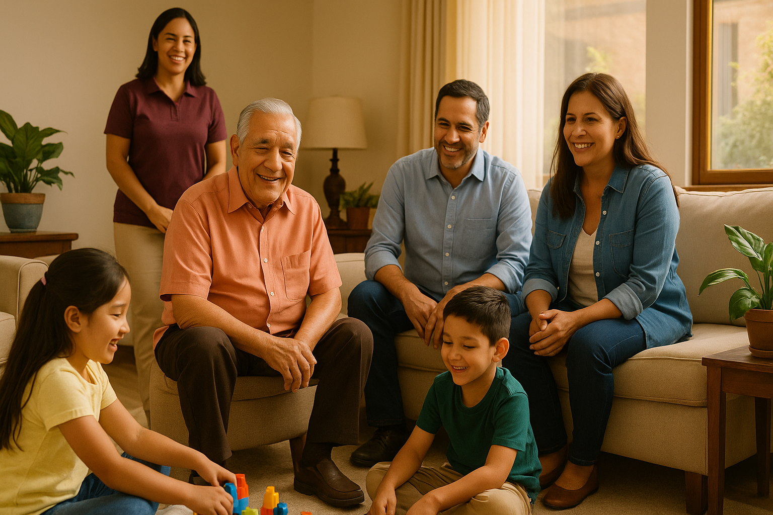 Familia peruana feliz con adulto mayor envejeciendo en casa