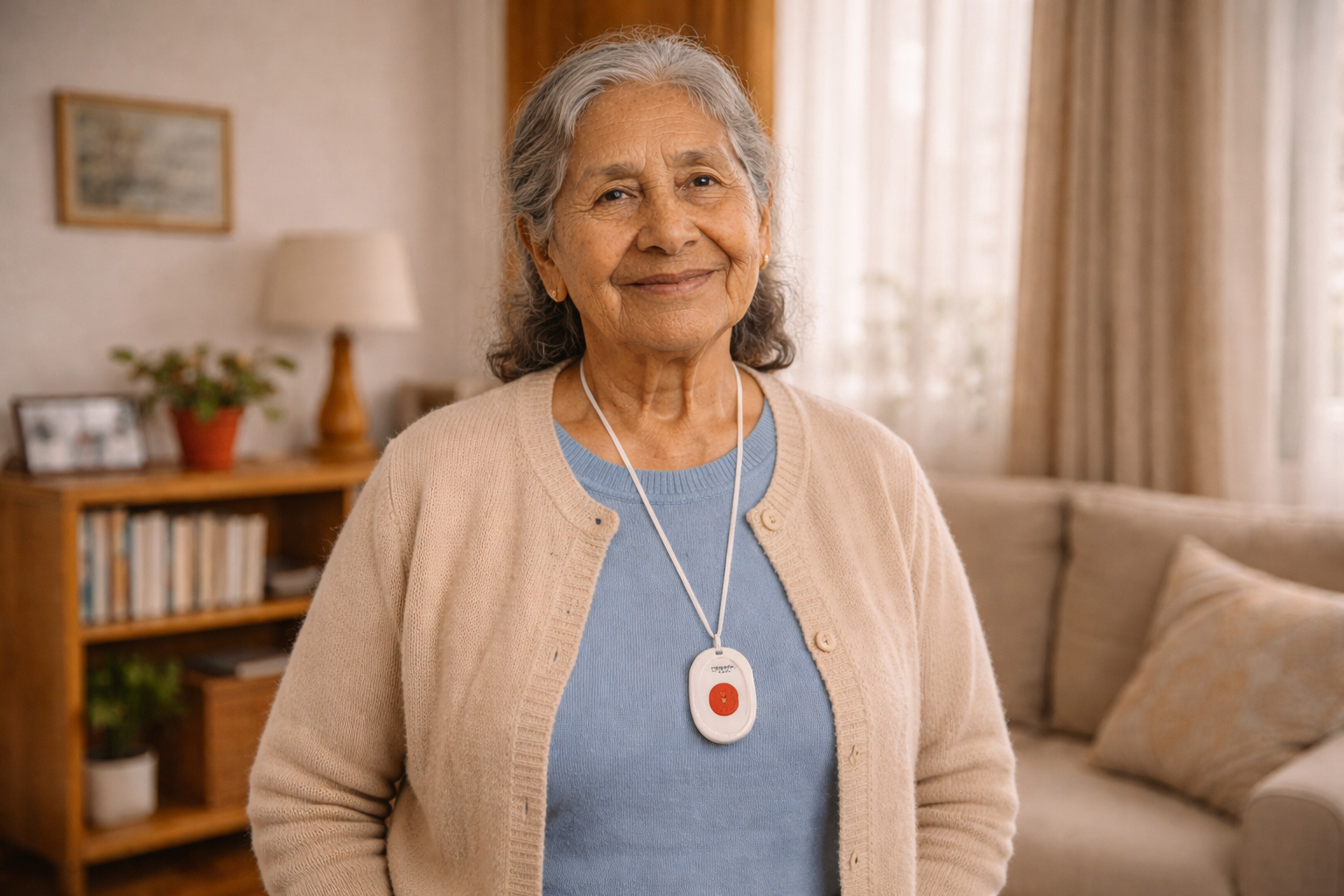Adulto mayor usando tecnología de teleasistencia en Perú