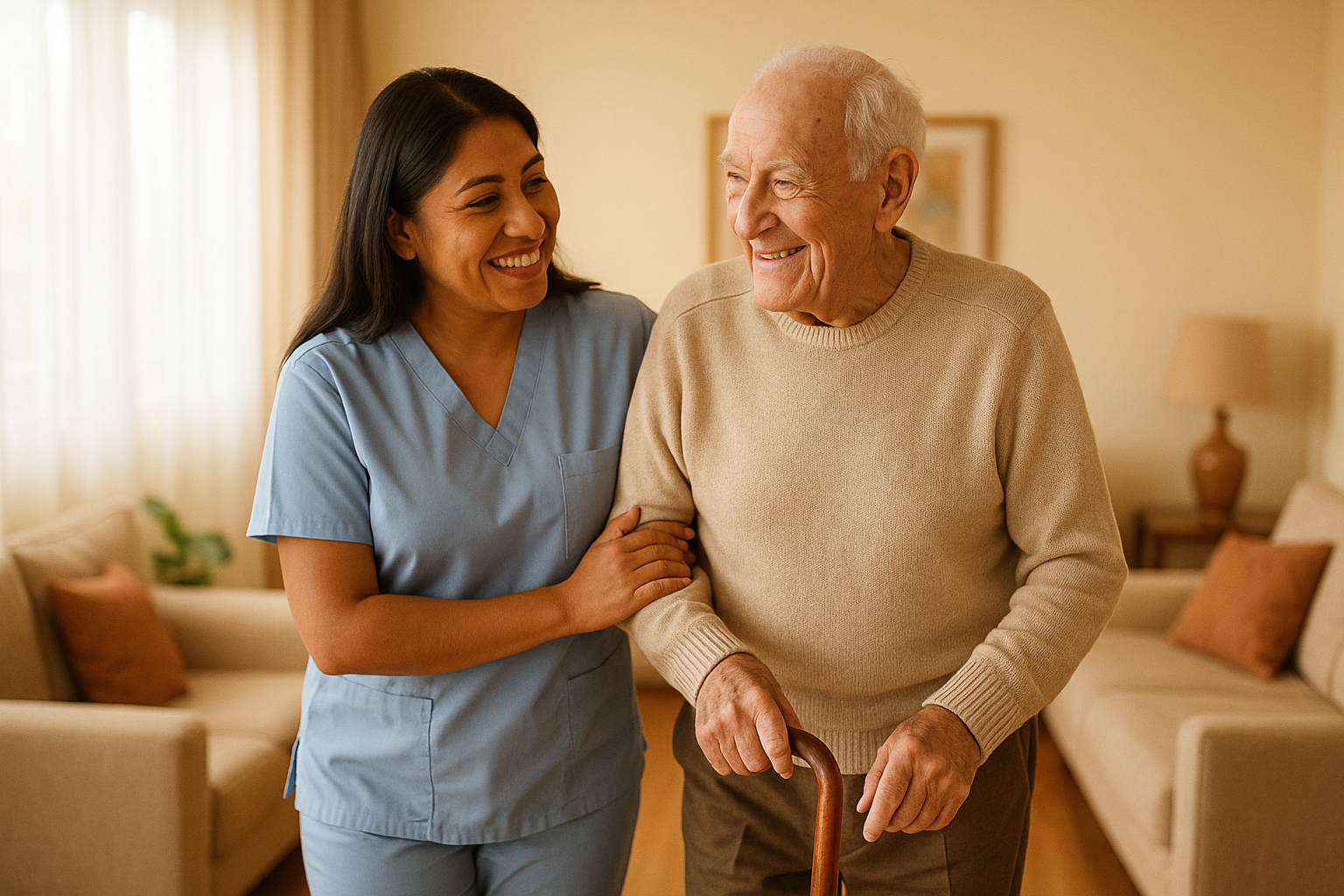 Cuidadora profesional ayudando a adulto mayor en su hogar en Perú