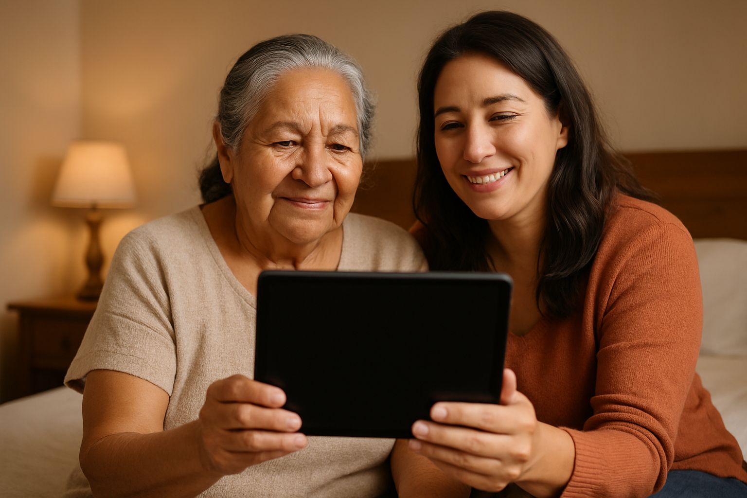 Adulta mayor usando tablet para consulta médica virtual