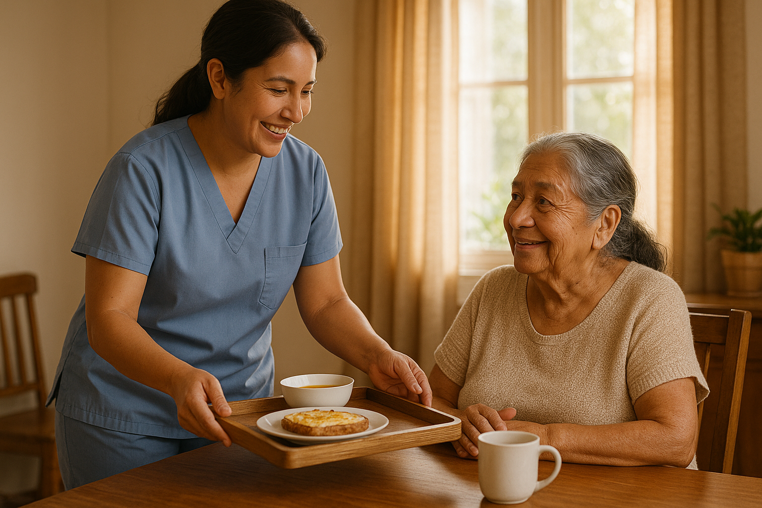 Cuidadora sirviendo desayuno a adulta mayor en hogar peruano