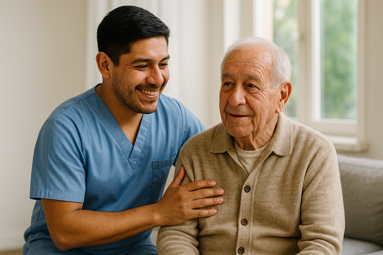Cuidadora profesional atendiendo a adulto mayor