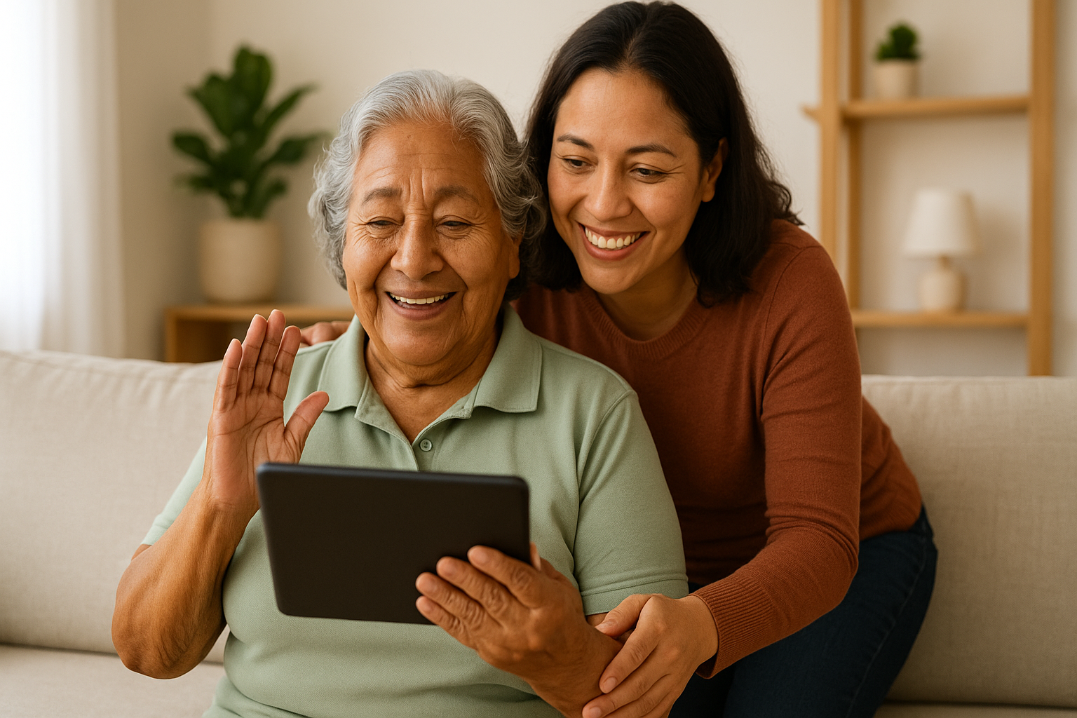 Adulto mayor usando tecnología con apoyo de su familia